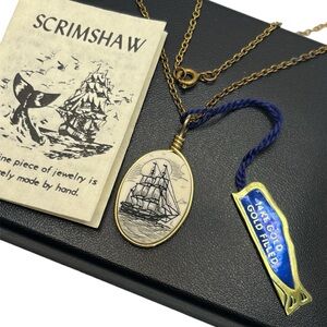 Scrimshaw 14k gold filled oval ship ivory carved pendant on chain necklace